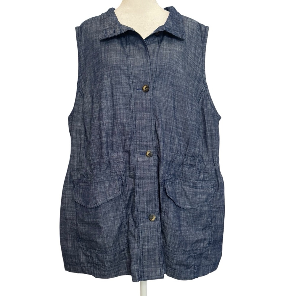 Talbots Blue Sleeveless Button-Up Vest Size 2X Chambray Denim Cargo Collared